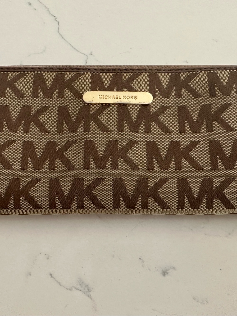 Michael Kors Brown MK Monogram Zip Clutch with Gold Plate